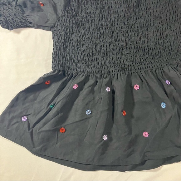 Hill House Jammie Jewel Crystal Stone Embellished Smocked Puff Sleeve Black Top - Picture 7 of 9